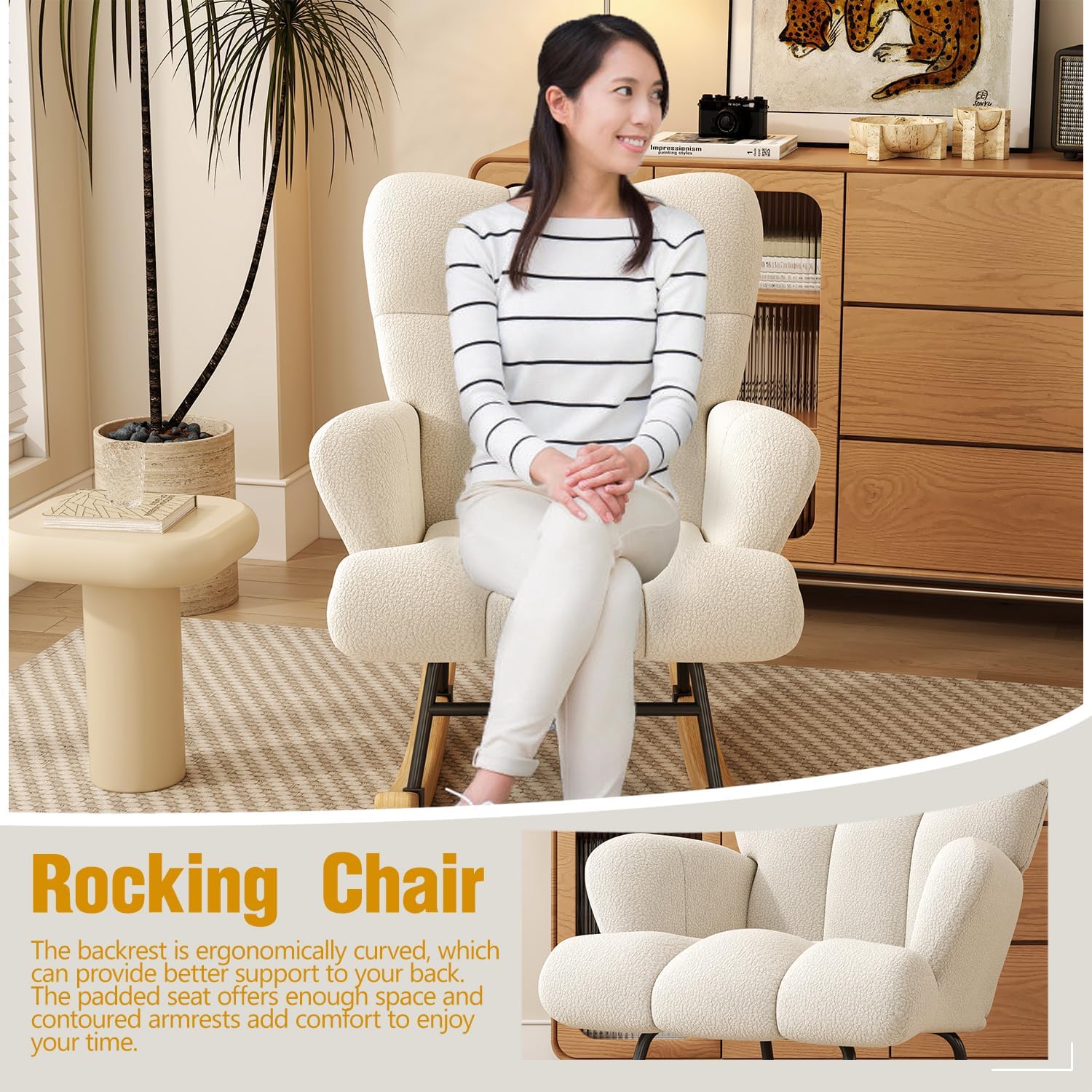 VIRRMO Glider Rocking Chair for Bedroom Chair, Comfy Accent Chair Reading Chair with High Backrest Armchair Teddy Soft Upholstered Living Room Chairs for Nursery Bedroom Home (Milky White)