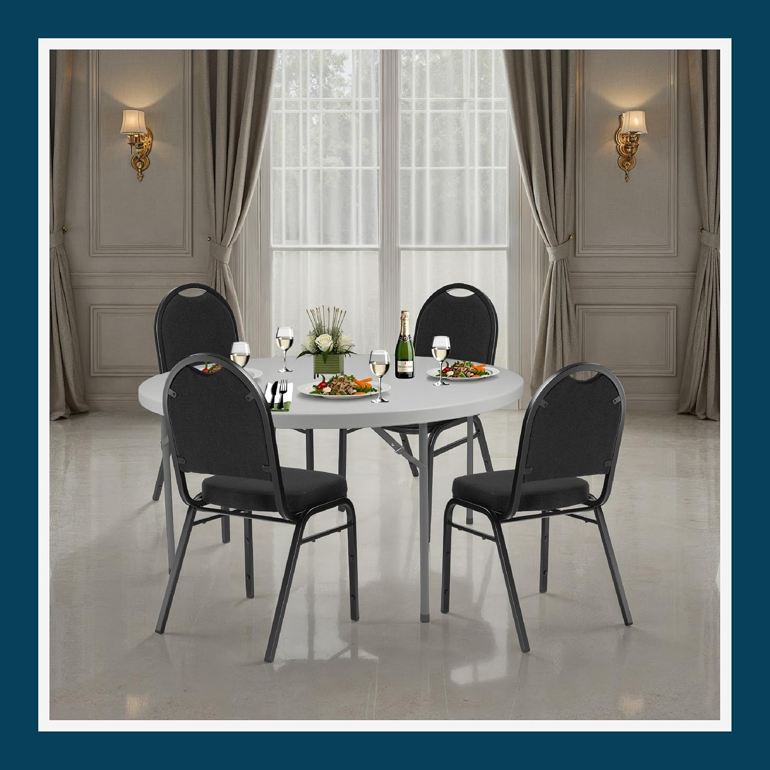 OEF Furnishings OEF9260-BT/2 Commercial-Grade Dome Back Banquet Stack Chair (Black Fabric, Black Powder-Coated Frame, 2-Pack)