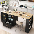HSH 72" Rolling Kitchen Island with Seating, 360° Swivel Table, Kitchen Island with Storage Cabinet, Drawer & Shelves, Farmhouse Mobile Island Cart on Wheels for Dining Room & Home Bar, Black Oak