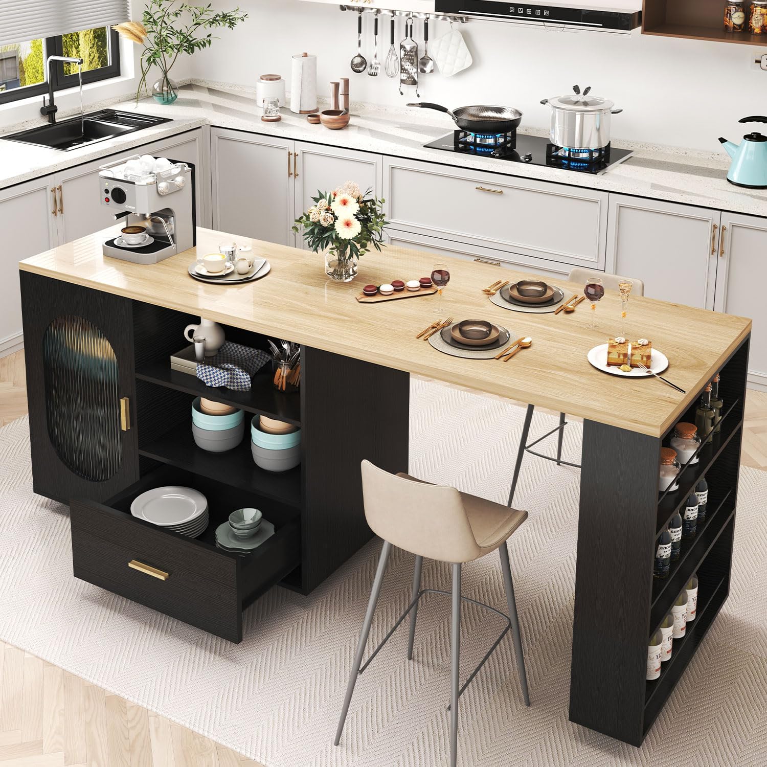 HSH 72" Rolling Kitchen Island with Seating, 360° Swivel Table, Kitchen Island with Storage Cabinet, Drawer & Shelves, Farmhouse Mobile Island Cart on Wheels for Dining Room & Home Bar, Black Oak