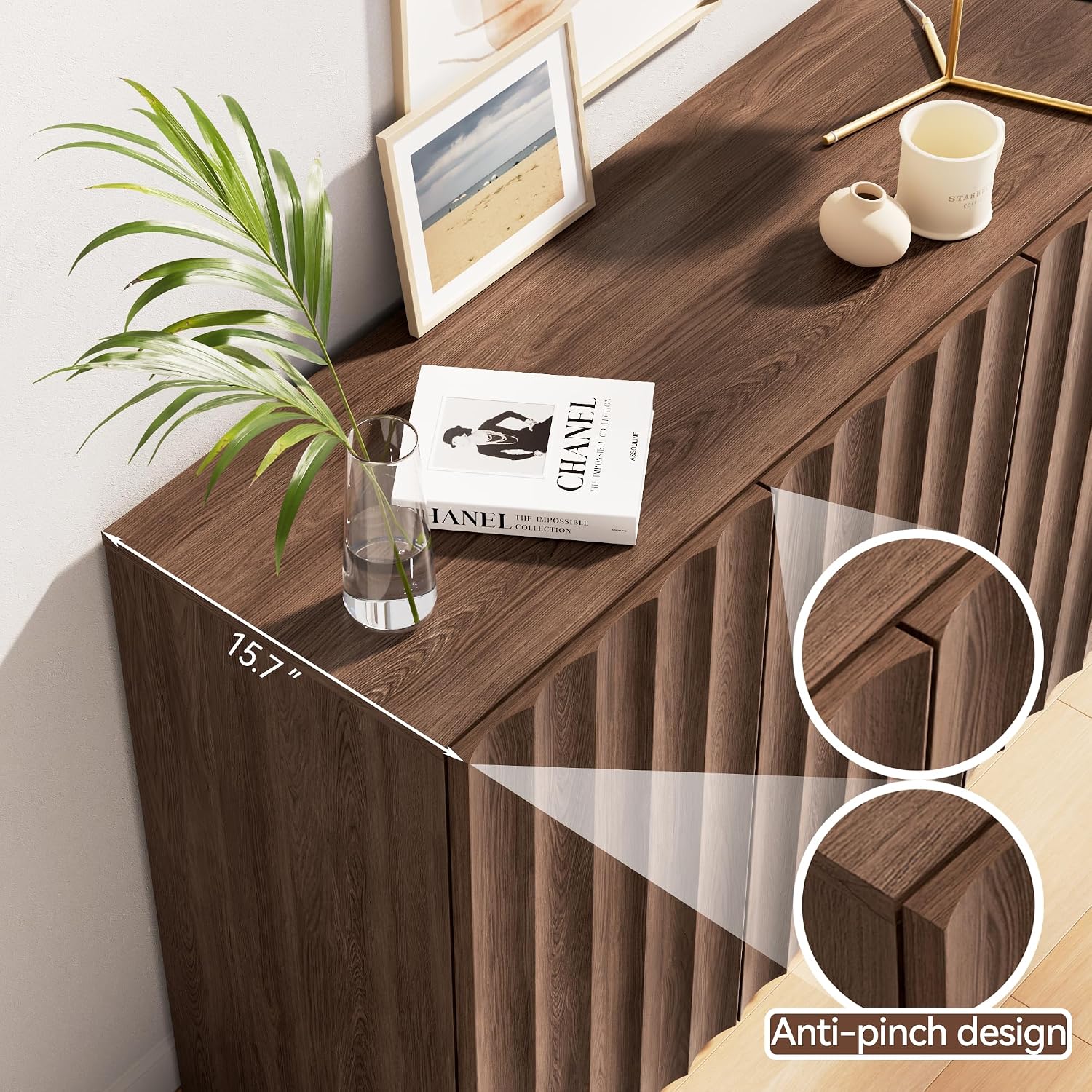 Fluted Sideboard Buffet Cabinet with Storage, 78.7" Wide Mid Century Modern Accent Cabinet with Adjustable Shelves, Wood Modular Credenza Storage Cabinet for Living Room, Entryway