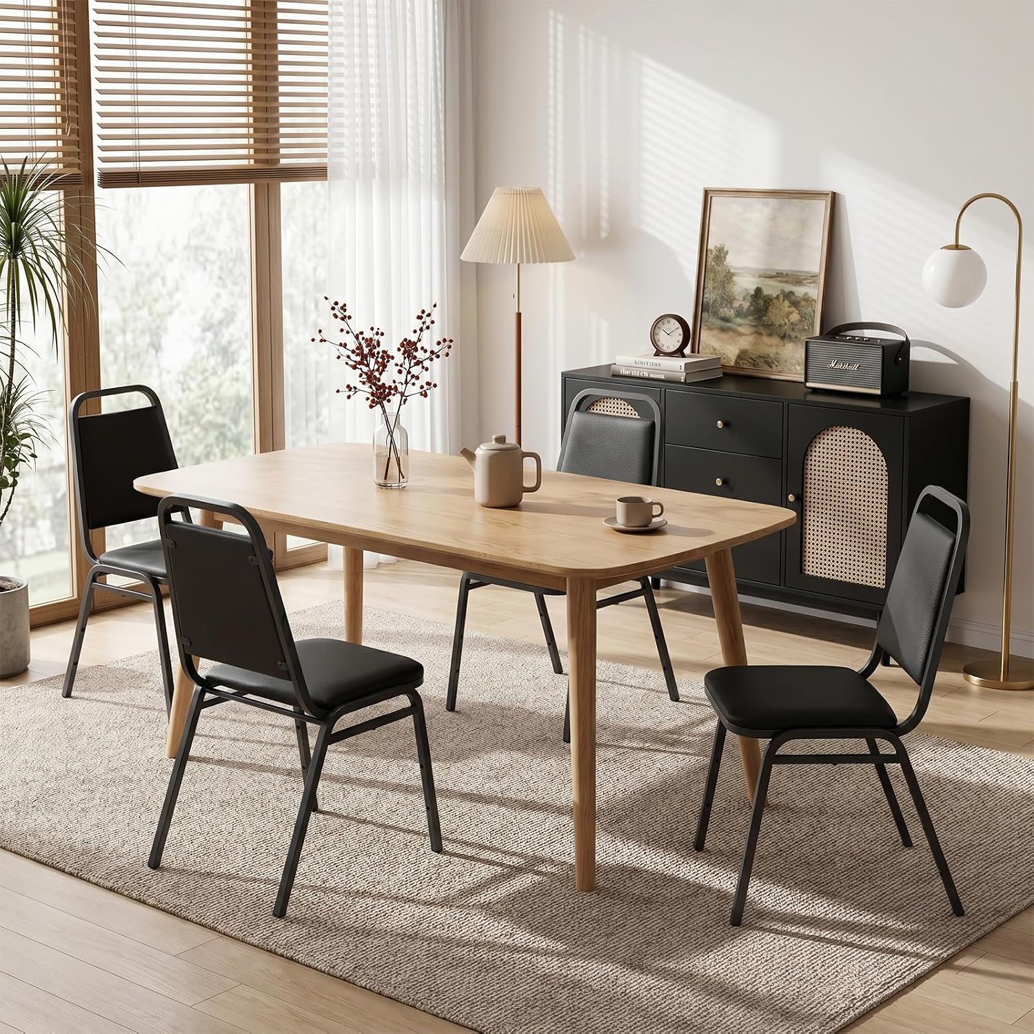 Stacking Chairs Set of 4,Stackable Office Chairs with Faux Leather Upholstered Seat,Heavy Duty Metal Frame Guest Chairs, No Assembly Conference Chairs for Meeting,Training & Reception Room, Black
