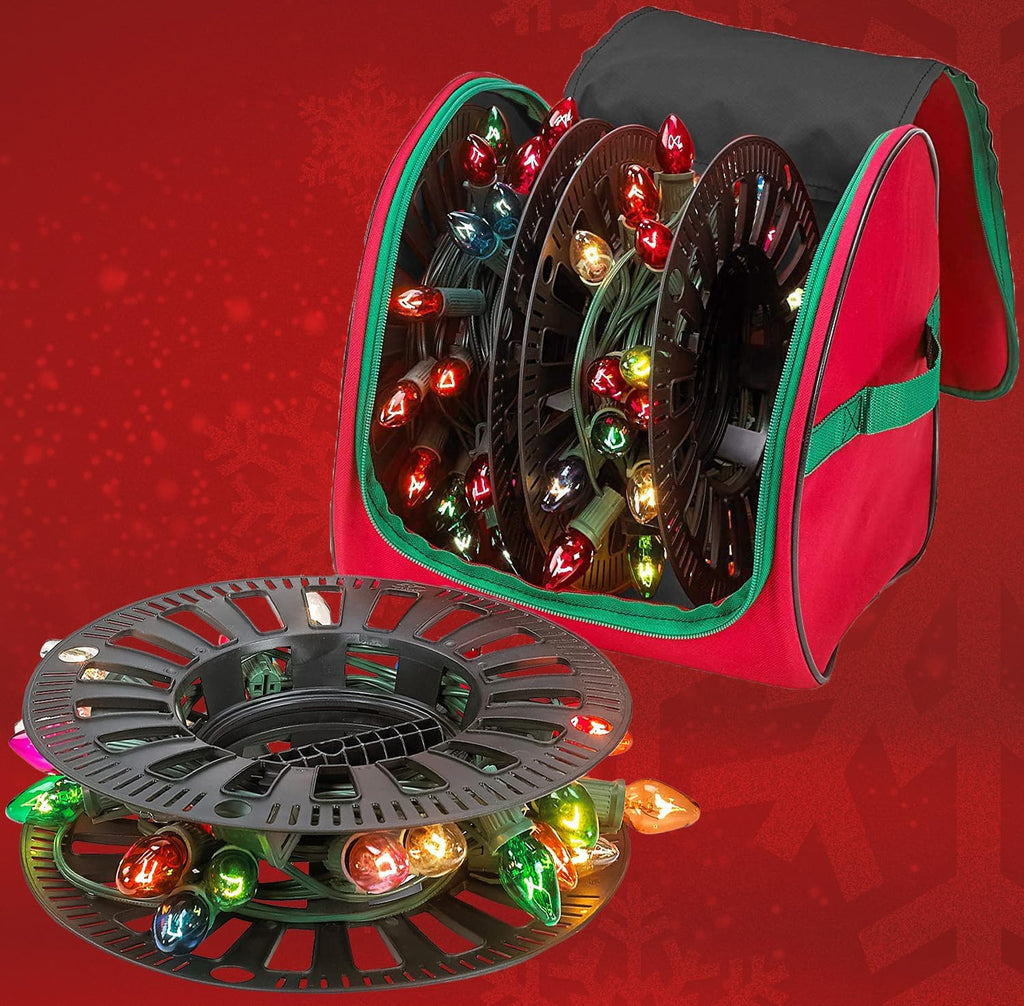 HOLDN’ STORAGE Premium Christmas Light Storage Bag – Heavy Duty Tear Proof 600D/Inside PVC Material with Reinforced Handles - 3 Reels Stores up to 375 Ft of Mini Tree Lights & Extension Cords Red