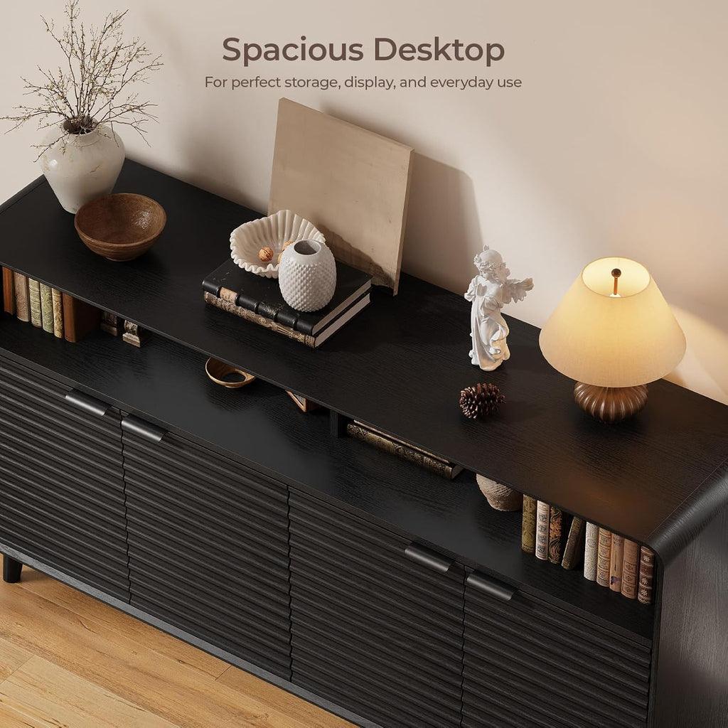 61" Sideboard Buffet Cabinet with Open Storage & 4 Doors, Large Coffee Bar Cabinet with Adjustable Shelves, Mid Century Modern Fluted Buffet Cabinet for Kitchen, Living Room, Black