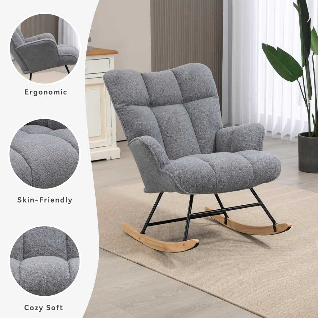 SAETSFEG Rocking Chair Nursery Teddy Upholstered Glider Rocker Rocking Accent Chair Padded Seat with High Backrest Armchair Comfy Side Chair for Living Room Bedroom Offices (Darkgrey Teddy)