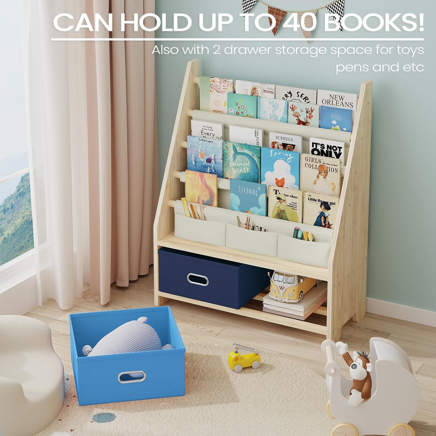 EXPERLAM 4 Tier Kids Bookshelf with Storage Bins, Solid Wood Toddler Book Shelf and Toy Organizer, Sling Book Rack for Kids Room, Nursery, Playroom, Blue