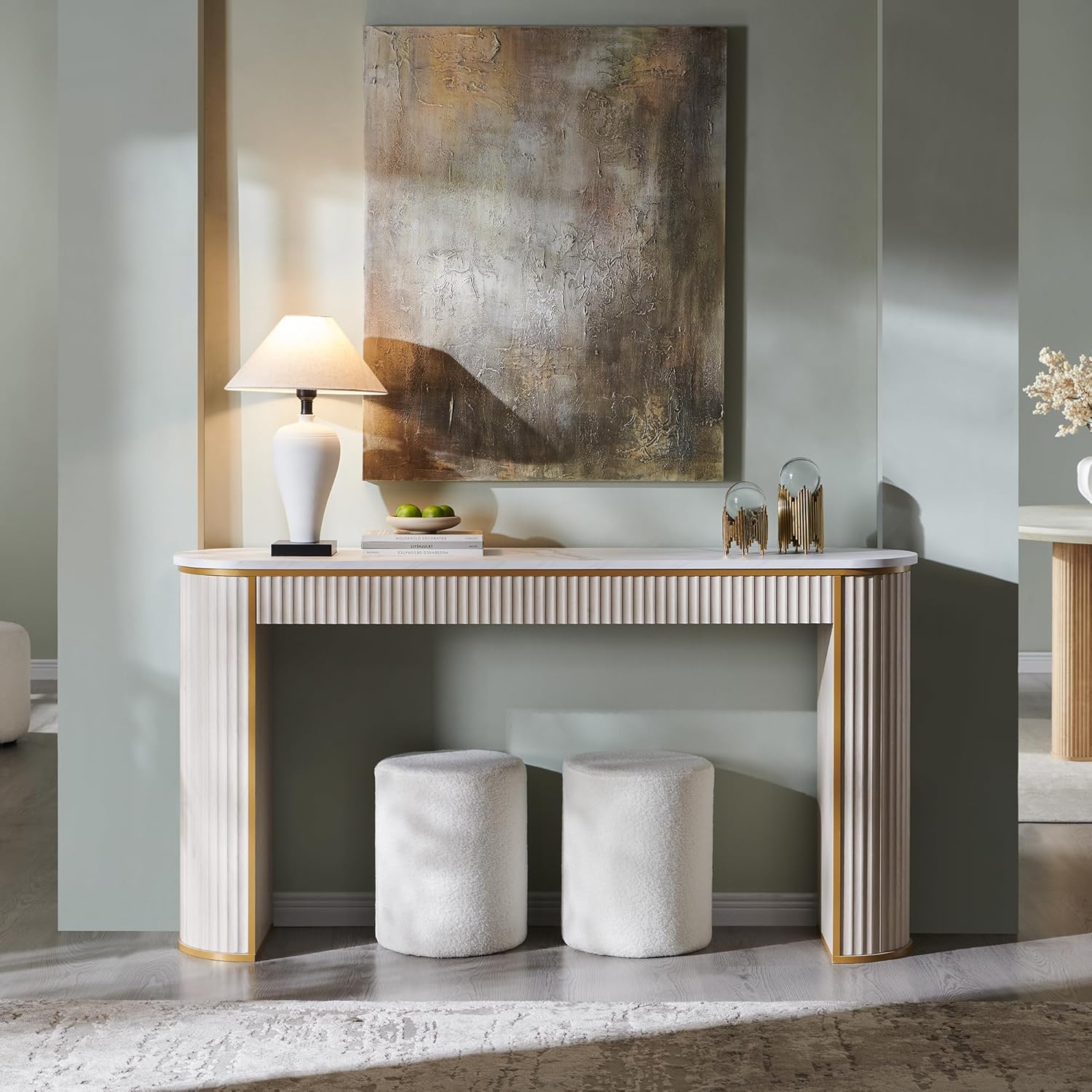 OKD Modern Fluted Console Table, 63" Long Narrow Entryway & Sofa Tables for Hallway, Tall Accent Table Behind Couch for Foyer Living Room, White Alder