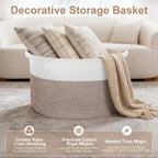 90L Extra Large Blanket Basket for Living Room - Cotton Rope Laundry Hamper Woven Baskets XXL Storage Bin with Handles for Dirty Clothes, Kids, Pets, Toys, Bedroom, 23'' x 23'' x 13'', White & Brown