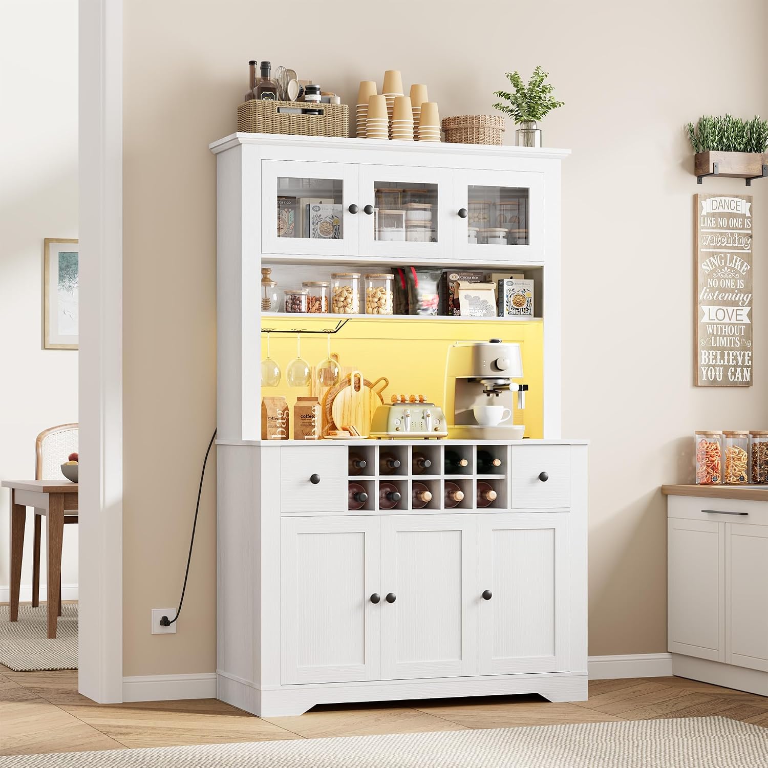 GAOMON 69" Pantry Cabinet with LED Light & Charging Station, Kitchen Pantry Storage Cabinet with Drawer & Adjustable Shelves, Coffee Bar Table for Kitchen Room, Living Room, Dining Room, White