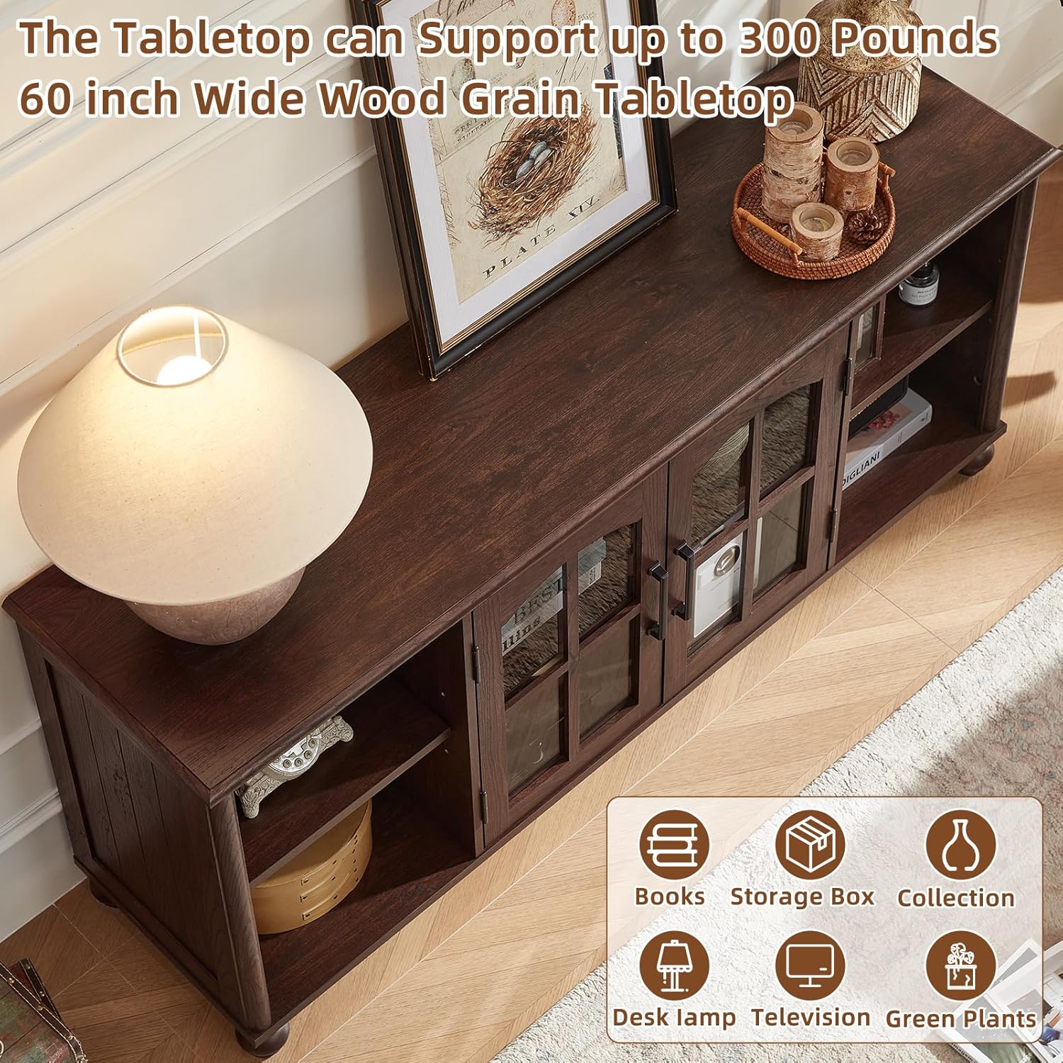 RWYHG Farmhouse TV Stand for 60 Inch TV, Wood Entertainment Center with Adjustable Shelves & Glass Door Storage Cabinet,Television Stands for 65" TVS,TV Console Table for Living Room,Bedroom,Walnut
