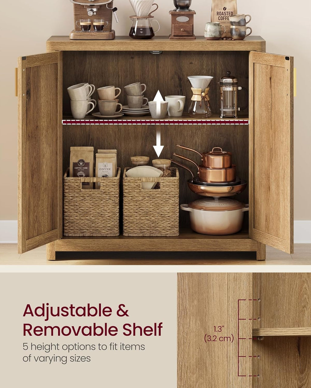 VASAGLE ELLAN Collection - Boho Buffet Cabinet with Rattan-Look Doors, Sideboard Storage Cabinet, Rounded Corners, Adjustable Shelf, for Kitchen, Natural Brown UBBK345KC01