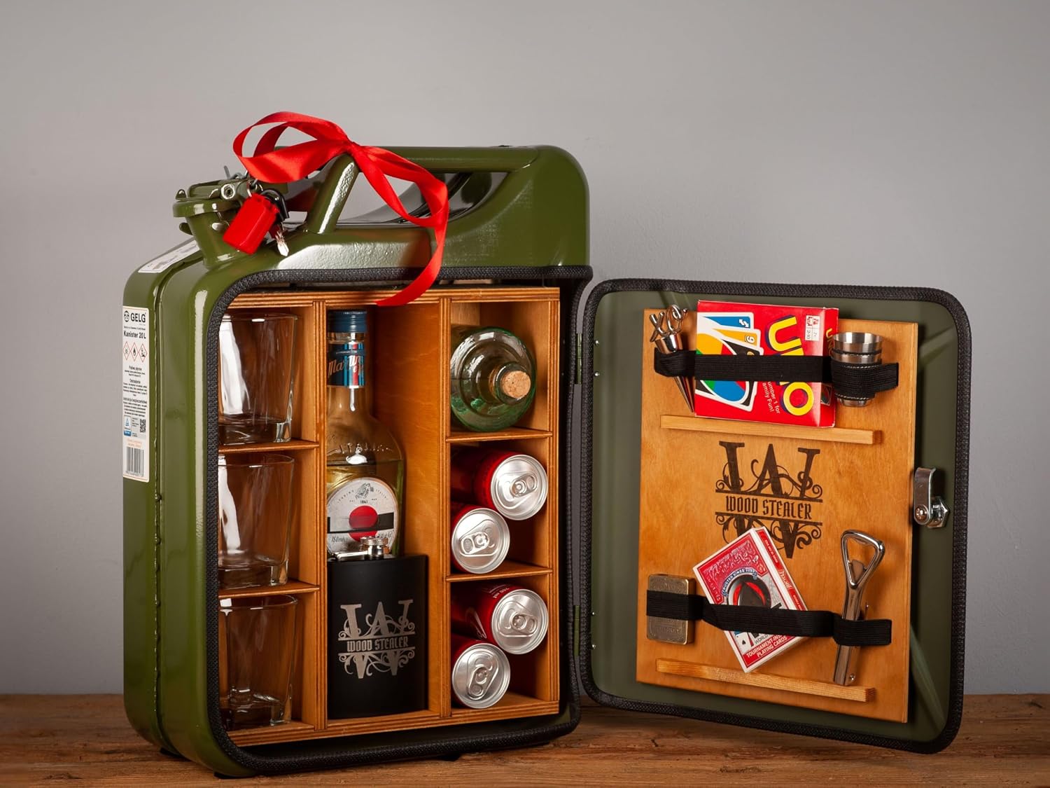Jerry can Mini Bar Free Engravement V1, Three Whisky Glasses, Flask! Mini Bar 20L Birthday Gift from UE.
