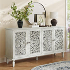 Vintage Sideboard Buffet Table Accent Credenza Storage Cabinet with 4 Hollow Carving Doors Adjustable Shelves Wood Legs for Kitchen Dining Living Room Entryway 60 Inch Antique White