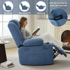 Swivel Rocker Recliner Chair, Manual Recliner Single Sofa with Cup Holders and Side Pocket, Chenille Fabric, Upholstered Nursery Rocking Chair for Living Room, Bedroom, Blue