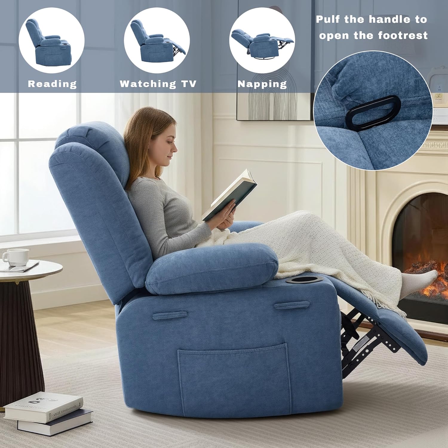 Swivel Rocker Recliner Chair, Manual Recliner Single Sofa with Cup Holders and Side Pocket, Chenille Fabric, Upholstered Nursery Rocking Chair for Living Room, Bedroom, Blue