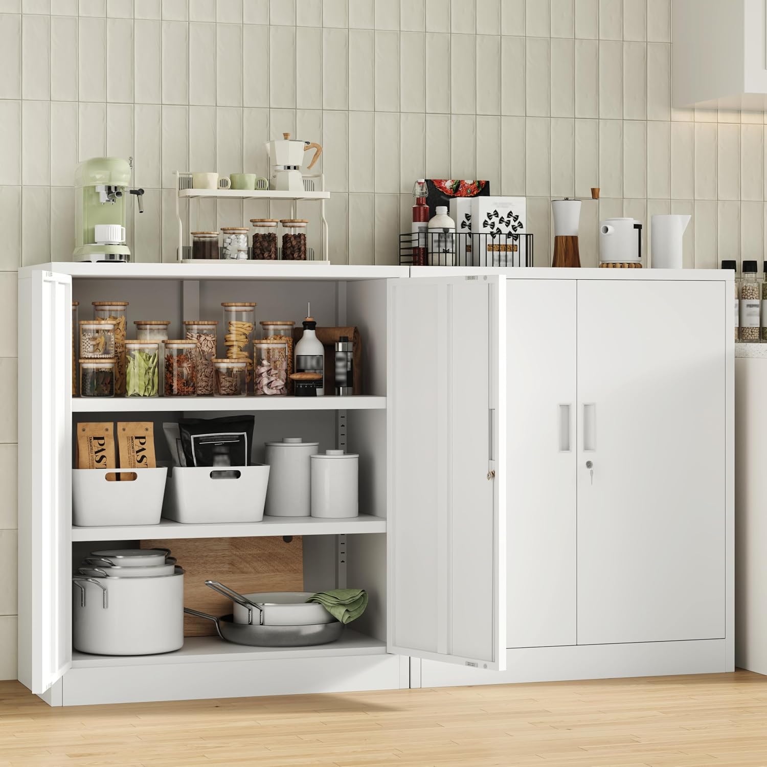 CJF Pantry Cabinet, Metal Pantry Storage Cabinets with Doors and 2 Adjustable Shelves, 36" H Locking Cabinet for Kitchen Storage, Home, Garage, Utility Room and Basement, White