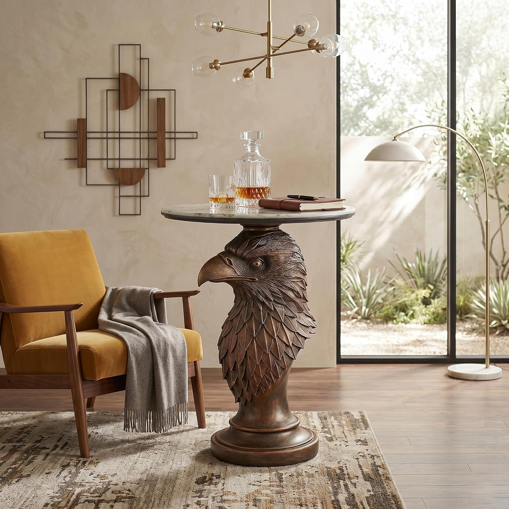 Eagle Head Accent Side Table - End Table with Faux Marble Top Unique Eagle Statue Decor for Living Room Bedroom Entryway Elegant Animal Sculpture Modern Classical Decoration, Bronze