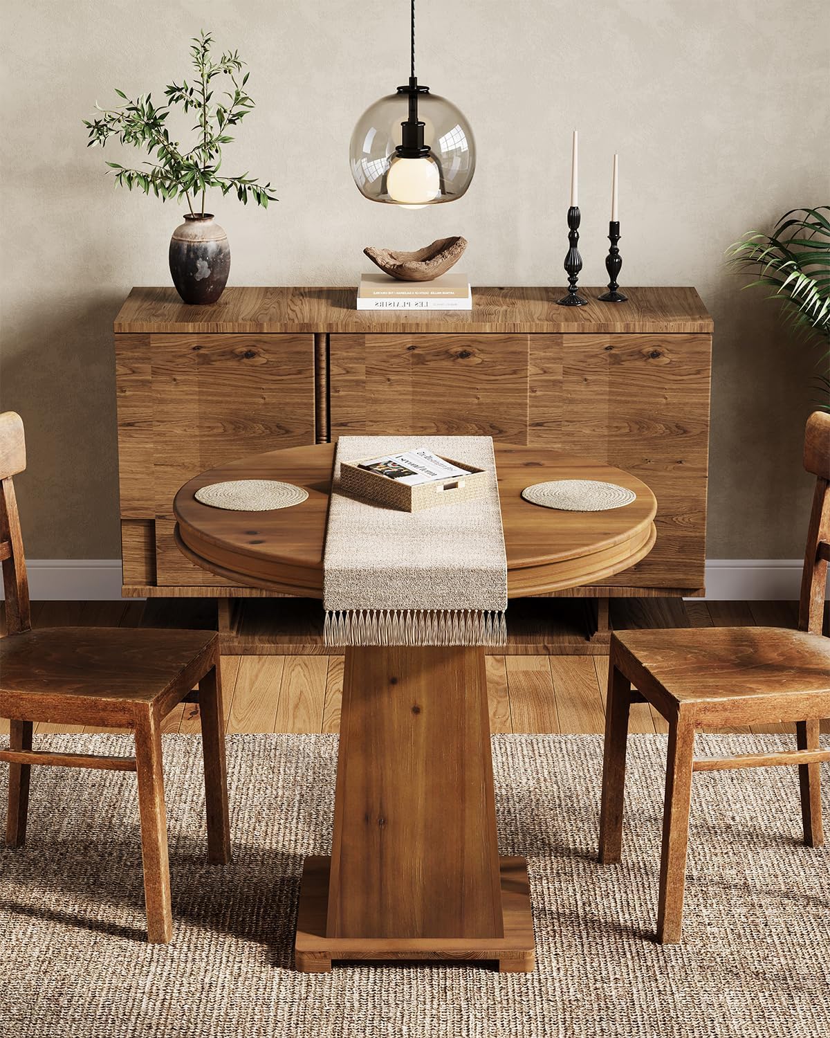 LITTLE TREE Solid Wood Round Dining Table, 31.5" Small Kitchen Table for 2, Modern Farmhouse Dinner Table for Dining Room, Kitchen, Living Room, Artistic Geometric Base, Table Only (Rustic Brown)