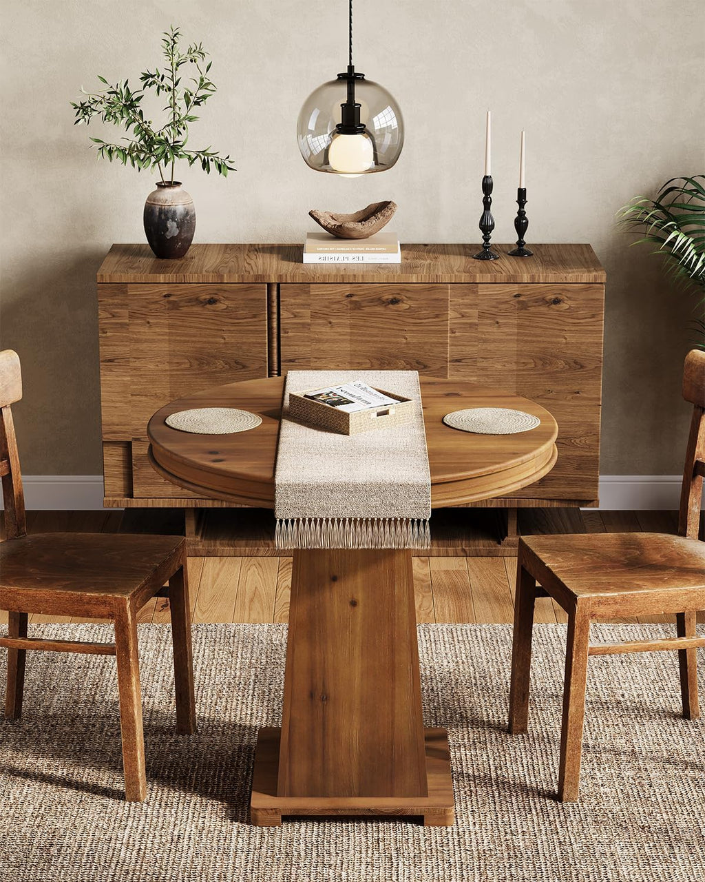 LITTLE TREE Solid Wood Round Dining Table, 31.5" Small Kitchen Table for 2, Modern Farmhouse Dinner Table for Dining Room, Kitchen, Living Room, Artistic Geometric Base, Table Only (Rustic Brown) 2PCS