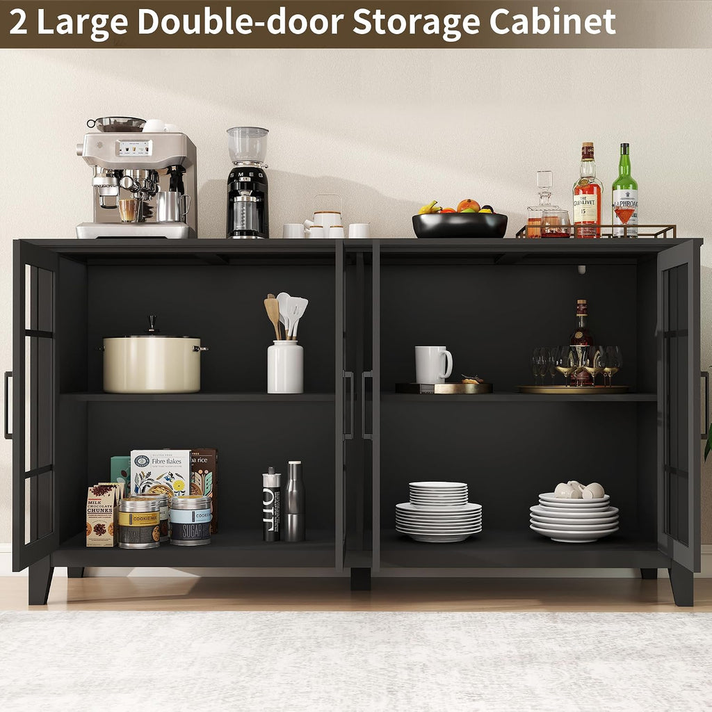 63 Inch Sideboard Buffet Cabinet with 4 Glass Doors, Coffee Wine Bar Storage Cabinet, Modern Buffet Table with Storage for Dining Room, Kitchen, Living Room, Black