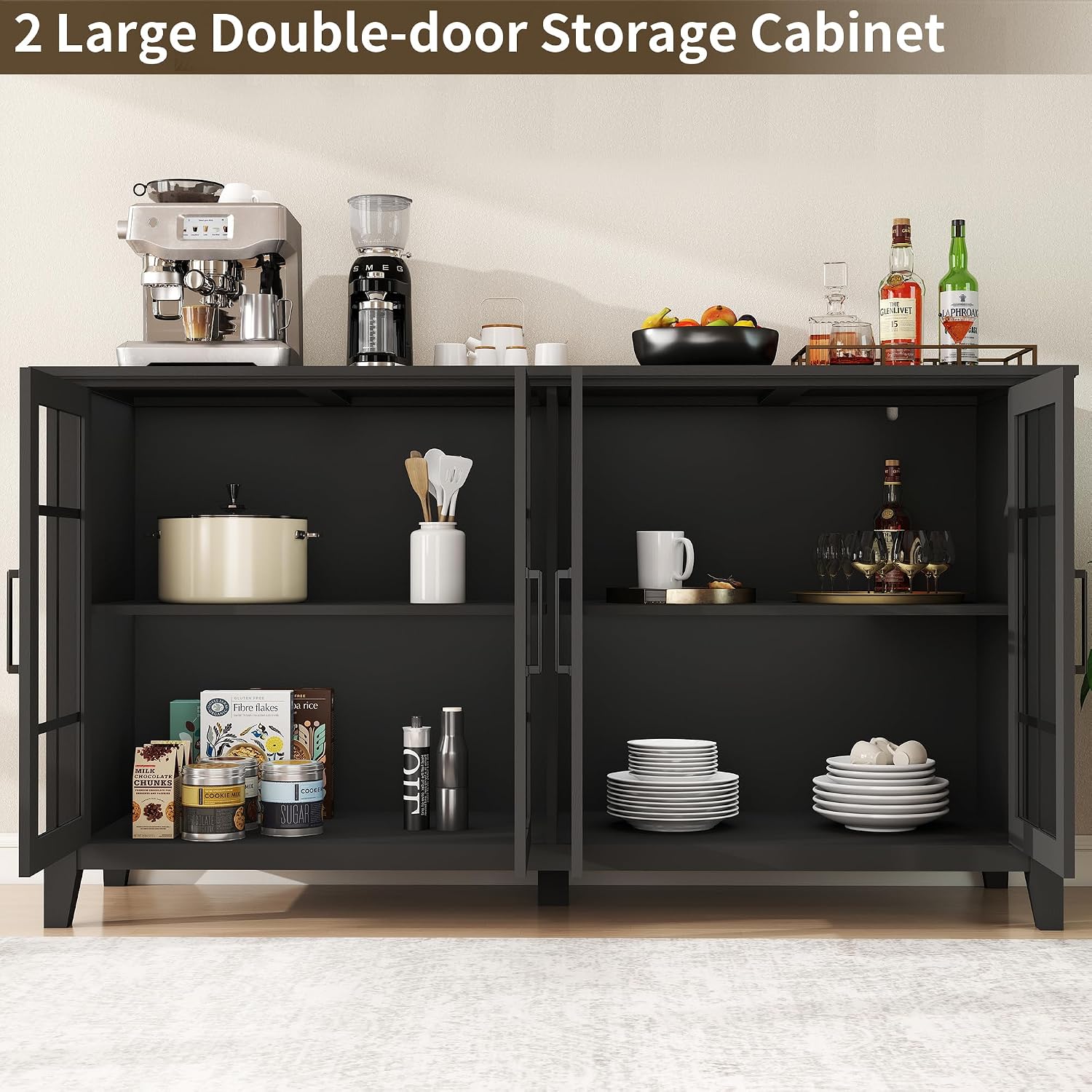 63 Inch Sideboard Buffet Cabinet with 4 Glass Doors, Coffee Wine Bar Storage Cabinet, Modern Buffet Table with Storage for Dining Room, Kitchen, Living Room, Black