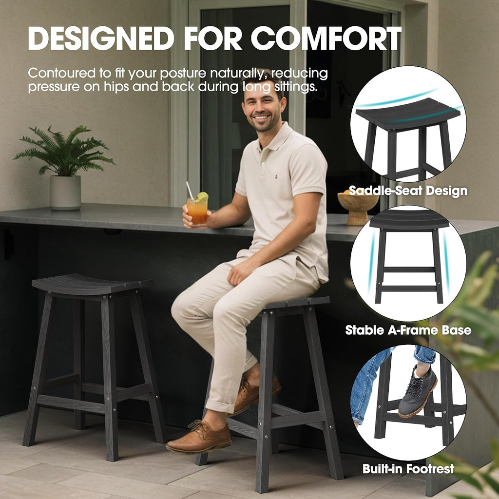 Ciokea 2 Set 29" Outdoor Bar Stools Heavy Duty HDPE Outdoor Stools Weatherproof Waterproof Patio Seats Modern Bar Height Tall BarStools for Bar Deck Balcony Kitchen Yard, Black