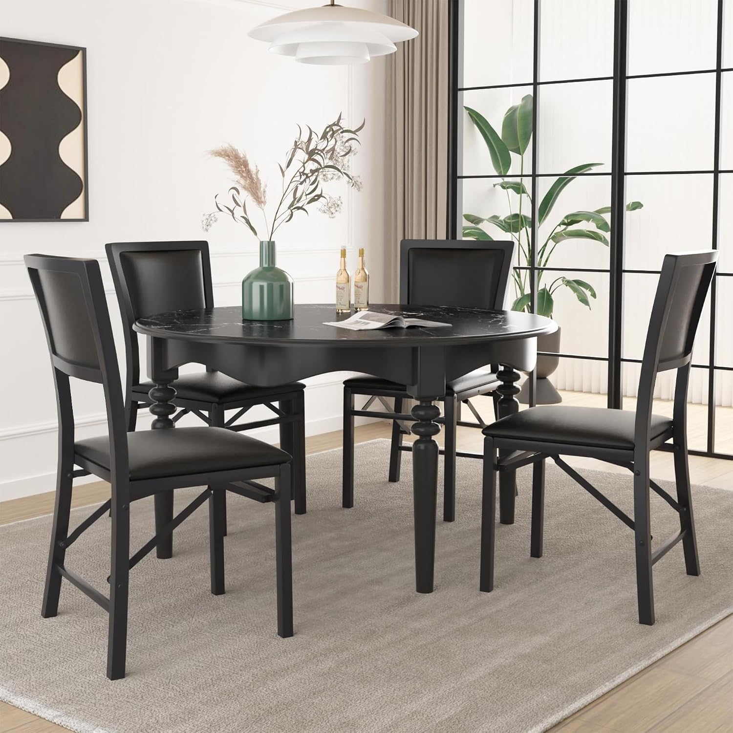 VECELO Folding Dining Chairs Set of 2, Metal Padded Foldable Seating with Comfortable Faux Leather, Space-Saving Portable Guest Seats for Kitchen & Office, No Assembly, Black