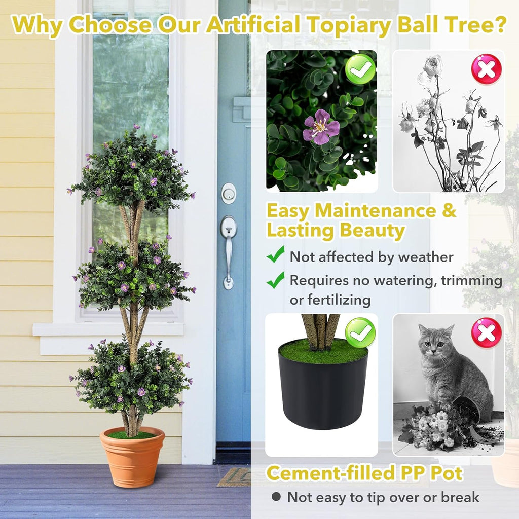 Goplus 51" Artificial Triple Ball Boxwood Topiary Tree, Faux Bush Plant with 59 Blossoms, Cement-Filled Plastic Pot, Sun-Resistant Indoor Outdoor Fake Greenery for Porch Home Decoration Housewarming