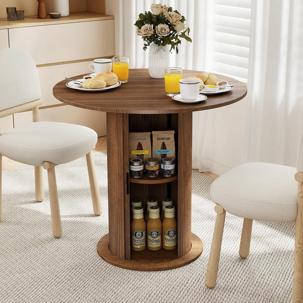 31.5 Inch Round Dining Table with Hidden Storage, Modern Fluted Pedestal Kitchen Table for Small Spaces, Circular Breakfast Nook Table with 2-Layer Shelves for Apartment Studio, Brown