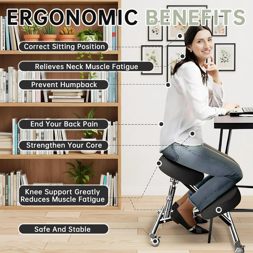 PU Leather Ergonomic Kneeling Chair, Adjustable Home and Office Stool with Thick Pads and Flexible Lockable Brake Wheels for Back Pain Relief (Black)