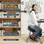 PU Leather Ergonomic Kneeling Chair, Adjustable Home and Office Stool with Thick Pads and Flexible Lockable Brake Wheels for Back Pain Relief (Black)
