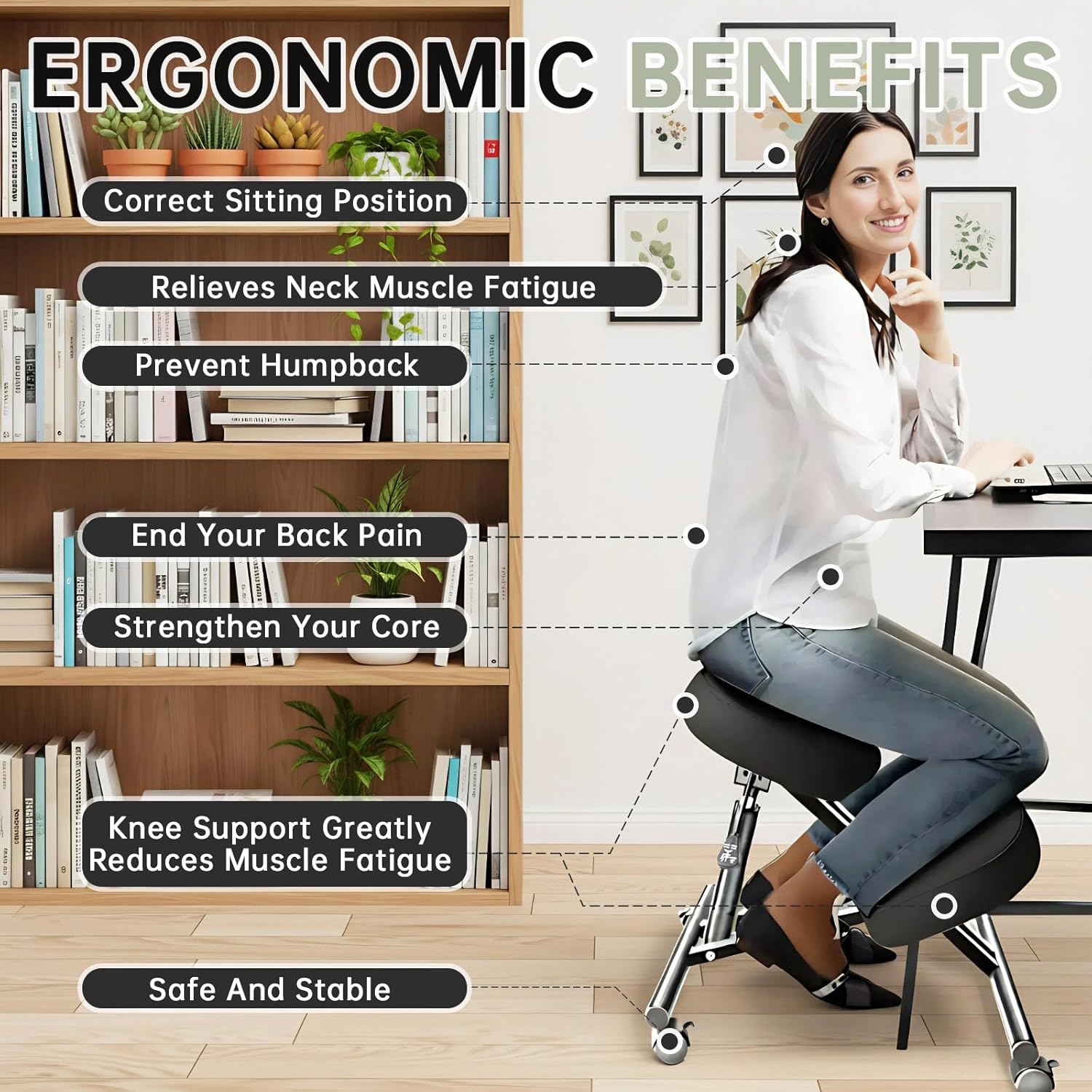 PU Leather Ergonomic Kneeling Chair, Adjustable Home and Office Stool with Thick Pads and Flexible Lockable Brake Wheels for Back Pain Relief (Black)