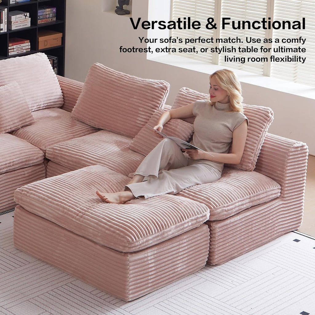 38.7" Plush Corduroy Ottoman, Upholstered Cloud Ottoman for Boneless Couch in a Box,Oversize Poufs for Living Room & Bedroom Sofa Ottoman,Comfy Seating with Dense Foam Padding,Pink