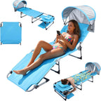 27 Inch Oversized Folding Tanning Chair with Canopy & Face Hole, Portable Face Down Lounge Chair with Pillow, 3-Position Adjustable Patio Chaise for Beach, Pool, Lawn Blue 1