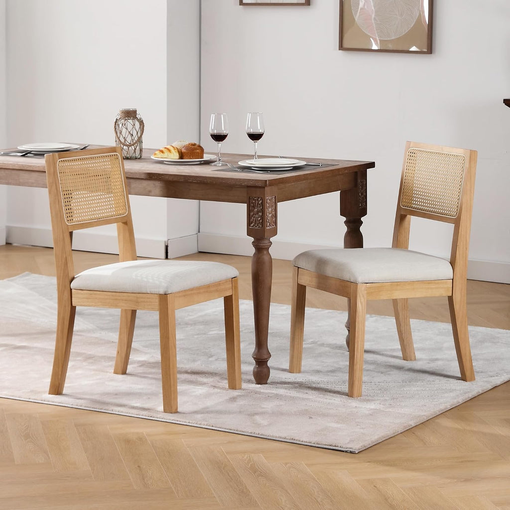 Westice Rattan Dining Chairs Set of 4, French Country Dining Room Chairs with Upholstered Cushion, Wood Armless Chairs for Kitchen/Restaurant