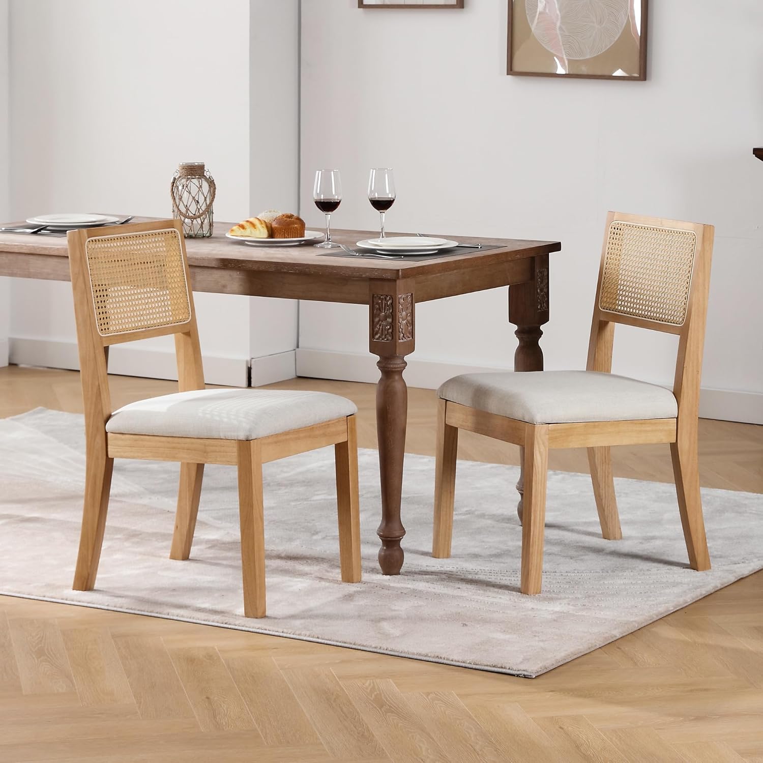 Westice Rattan Dining Chairs Set of 4, French Country Dining Room Chairs with Upholstered Cushion, Wood Armless Chairs for Kitchen/Restaurant