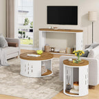 Rustic Round End Table, 2-Tier Side Table with Storage Shelf, Small Nightstand for Living Room and Small Spaces, White Metal Frame (Light Brown, Set of 2)