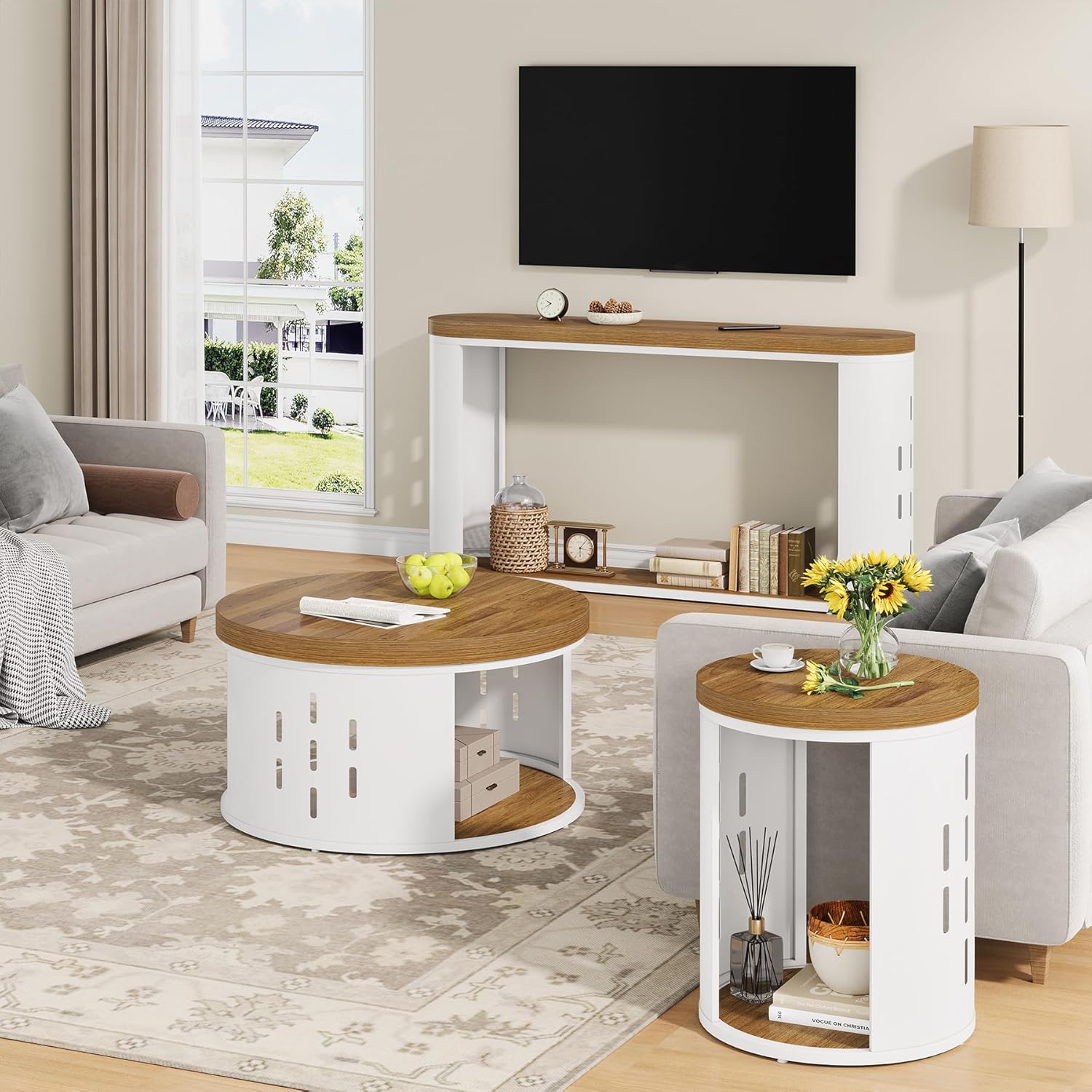 Rustic Round End Table, 2-Tier Side Table with Storage Shelf, Small Nightstand for Living Room and Small Spaces, White Metal Frame (Light Brown, Set of 2)