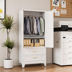 COFaR 71" Metal Wardrobe Closet with 2 Drawers & Hanging Rod, Freestanding Armoire Storage Cabinet with Adjustable Shelf and 2 Doors, White Steel Closet Organizer for Bedroom