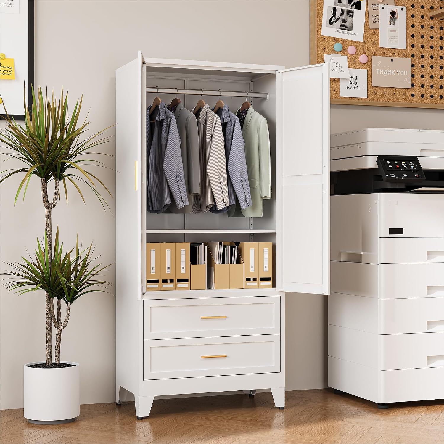 COFaR 71" Metal Wardrobe Closet with 2 Drawers & Hanging Rod, Freestanding Armoire Storage Cabinet with Adjustable Shelf and 2 Doors, White Steel Closet Organizer for Bedroom