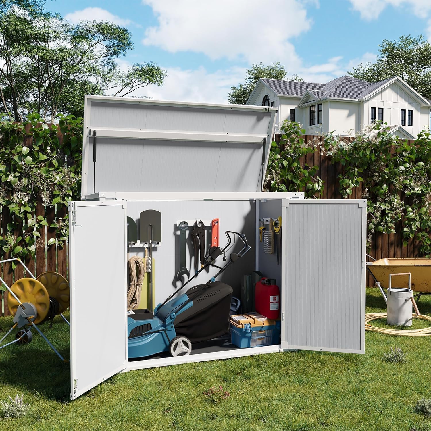 Storage Shed Outdoor Weatherproof Resin Storage Shed with Floor 41 Cu.Ft with Gas Spring, Lockable Doors for Trash Can Storage, Garden Tools, Suitable for patios, Poolside（Light Grey）