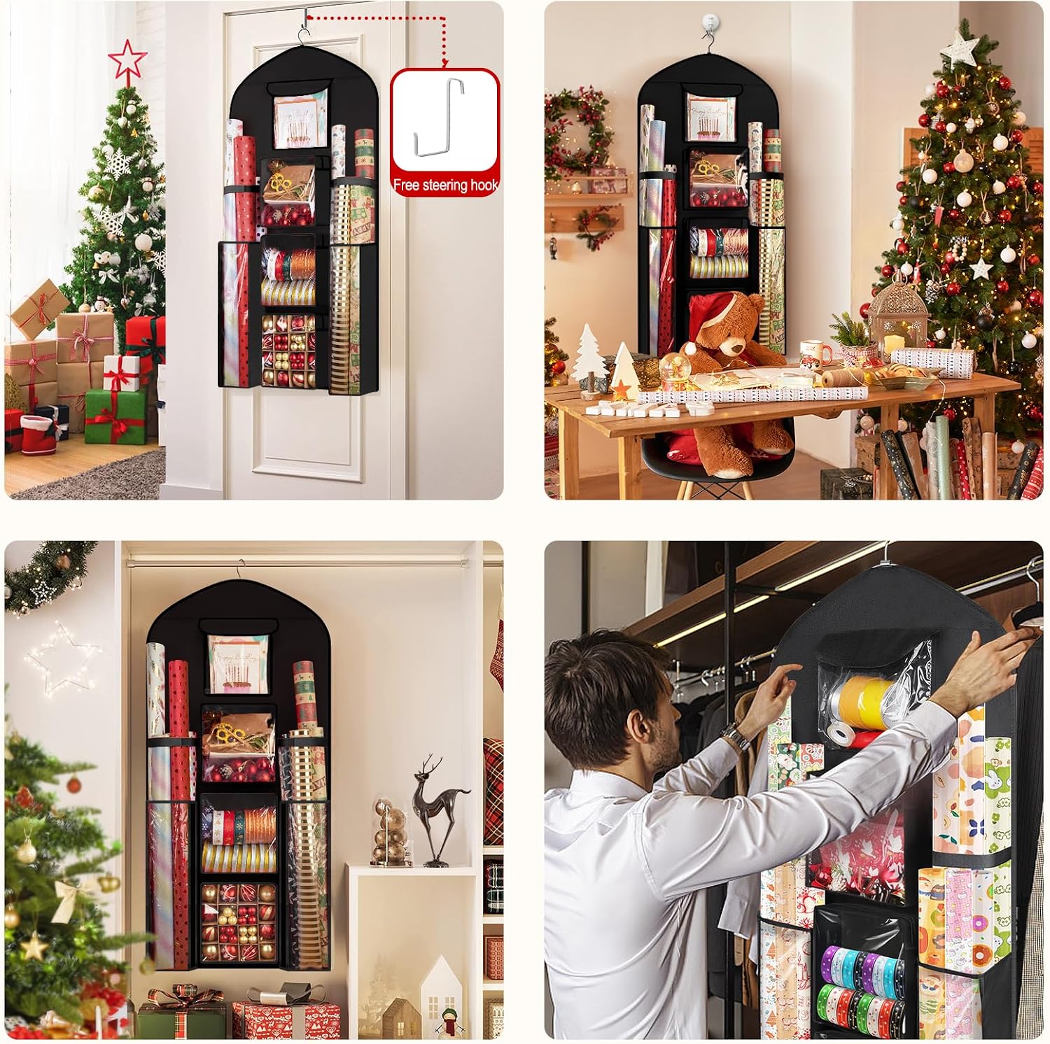 Woodoulogy Hanging Gift Wrapping Paper Storage, 48x24 (Extra Large) Black Double-Sided Christmas Wrapper Bag Container, Oxford Long Craft Roll Organizer, Present Wrap Holder for Closet, Door