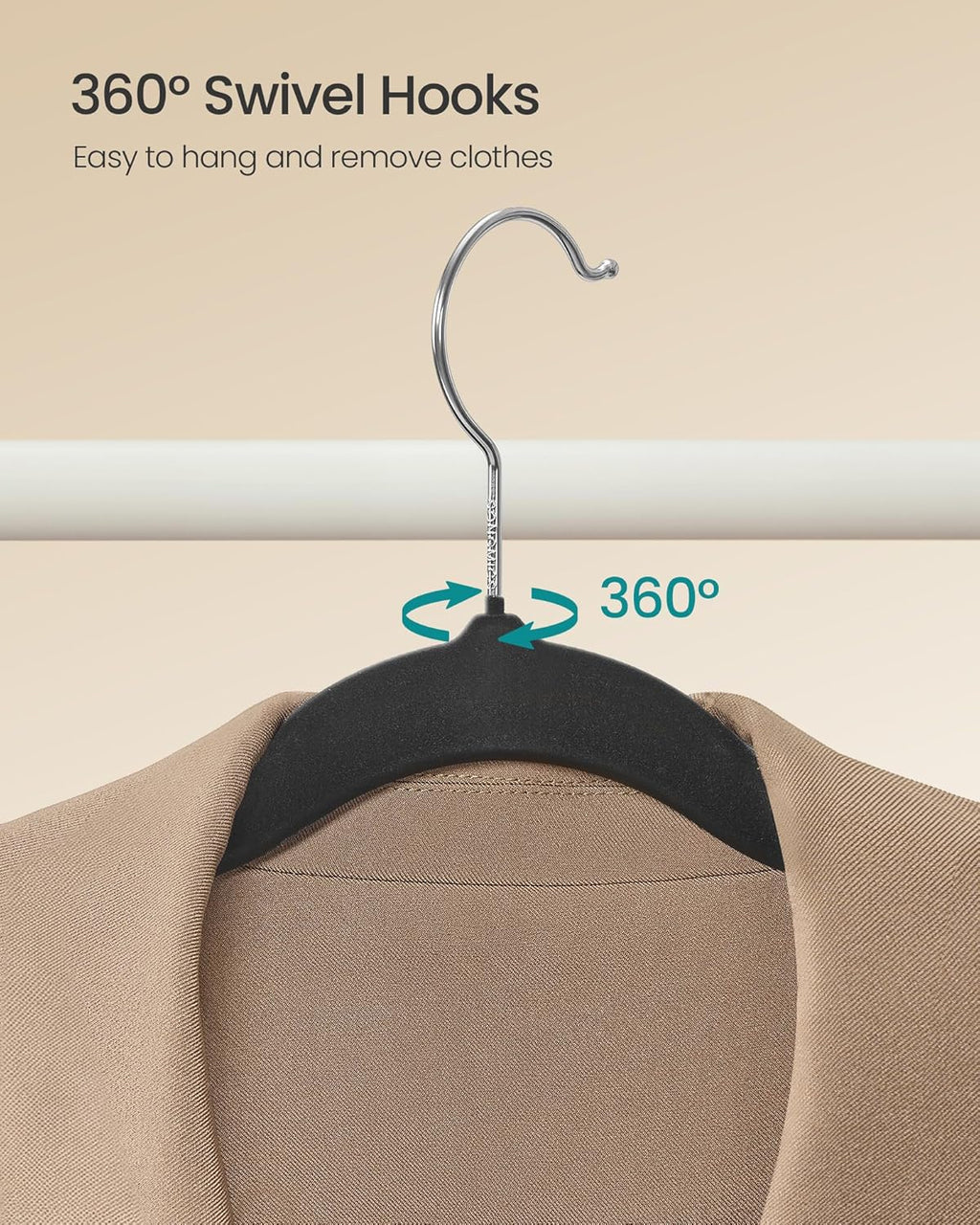 SONGMICS Velvet Hangers 100 Pack, Non-Slip Clothes Hangers with Silver-Colored Swivel Hooks, Slim Space-Saving for Closet, Heavy-Duty, Black UCRF026BZ02S