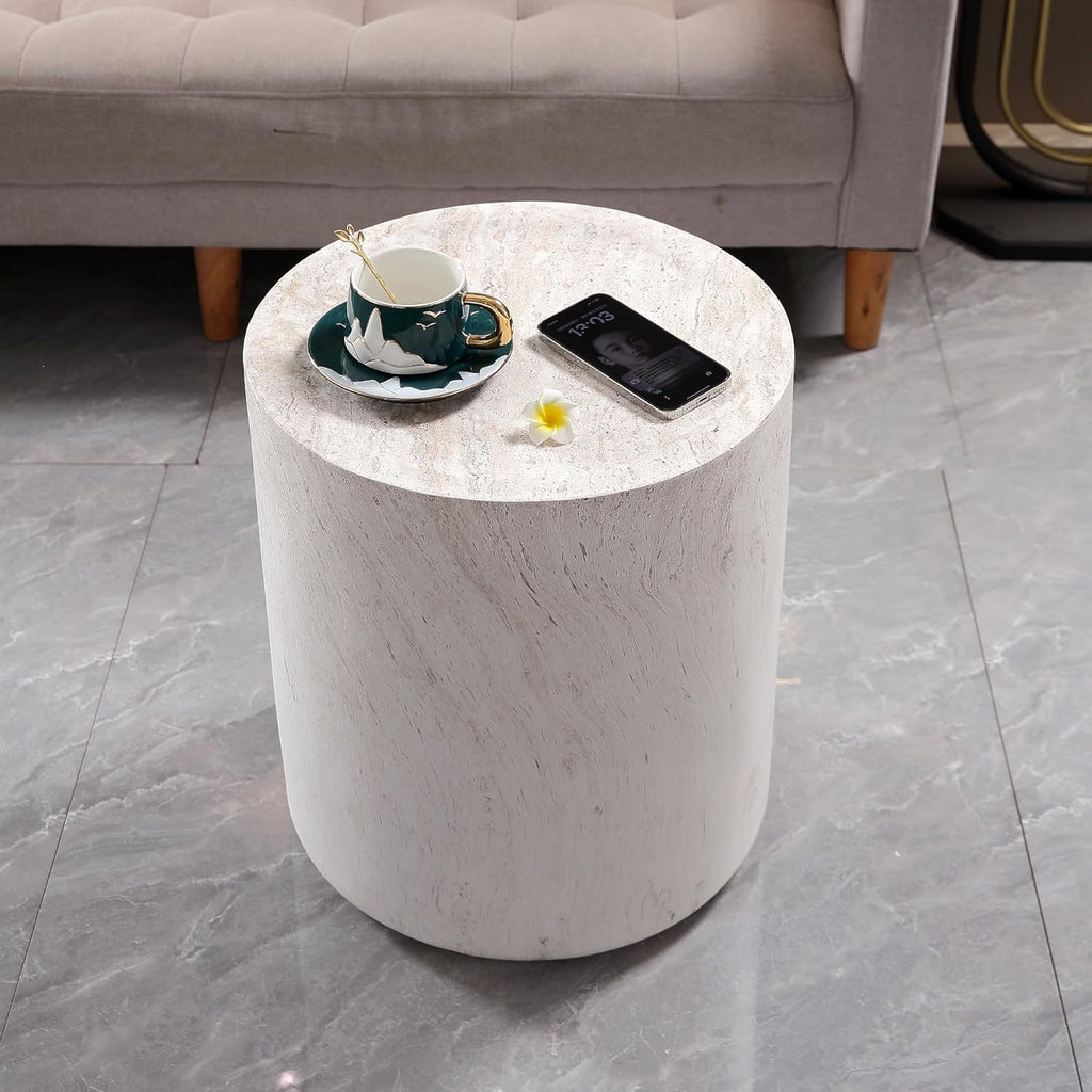 SSLine Modern Round Drum Side Table for Living Room Beige Travertine Finish Circle End Table Faux Stone Drum-Shape Accent Side Table for Home Office,Magnesium Oxide, Fully Assembled