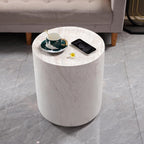 Light Travertine Finish Round Magnesium Oxide Side Table, 15.75 Inch Diameter Drum End Table, Sturdy Waterproof Accent Table for Living Room, Bedroom, Balcony