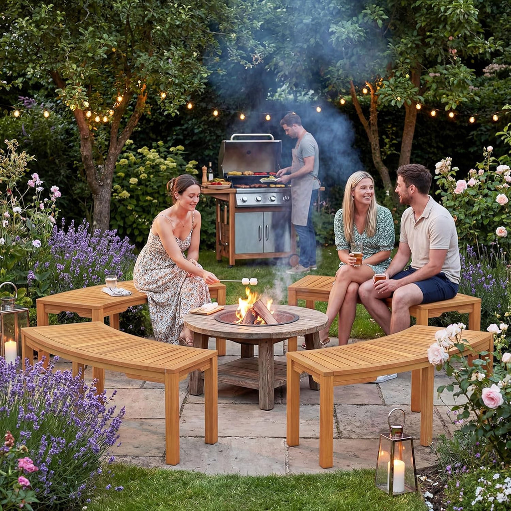 RELAX4LIFE Wooden Outdoor Curved Bench - Acacia Wood Garden Bench w/Slatted Seat, 2-Person Outside Backless Seating for Porch Backyard Deck Park, 800 LBS Load Capacity, Patio Fire Pit Bench (1, 45'')
