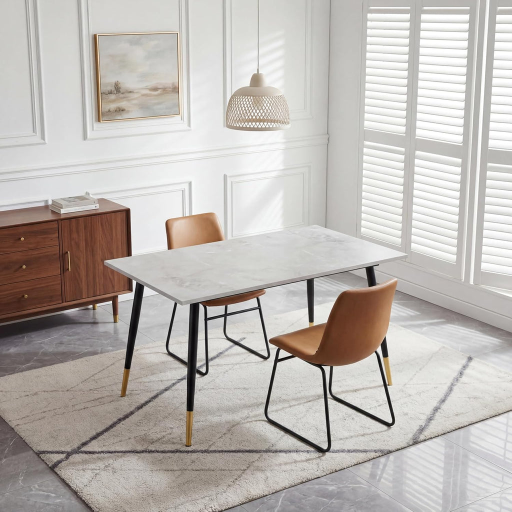 51.18" Rectangular Dining Table, Faux Marble Top Kitchen Table with Metal Frame & Adjustable Feet, Modern Waterproof Scratch-Resistant Table for Dining Room, Living Room & Home Office, Gray White