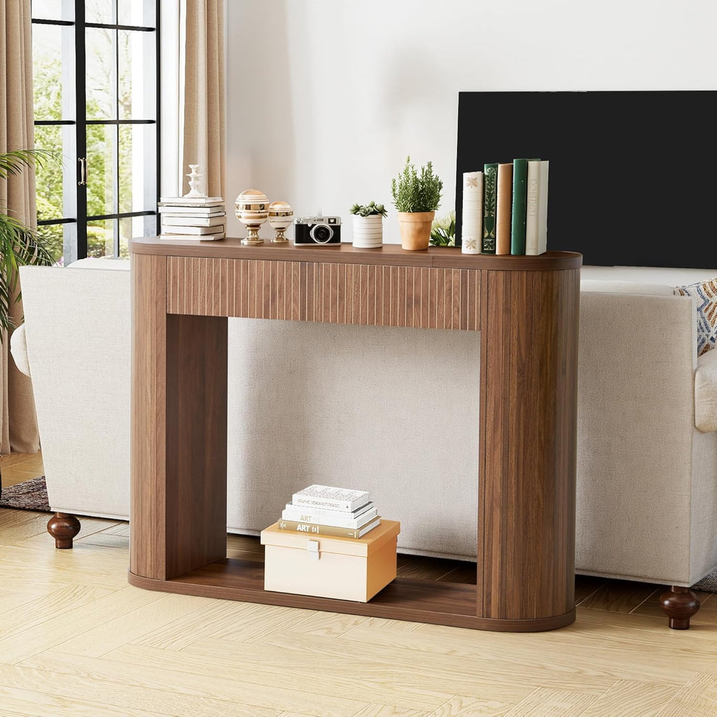 42.5” Console Table with 2 Drawers, Fluted Entryway Table with Rounded Corners, Rectangular Sofa Table Behind Couch for Living Room, Hallway, Foyer (Walnut)