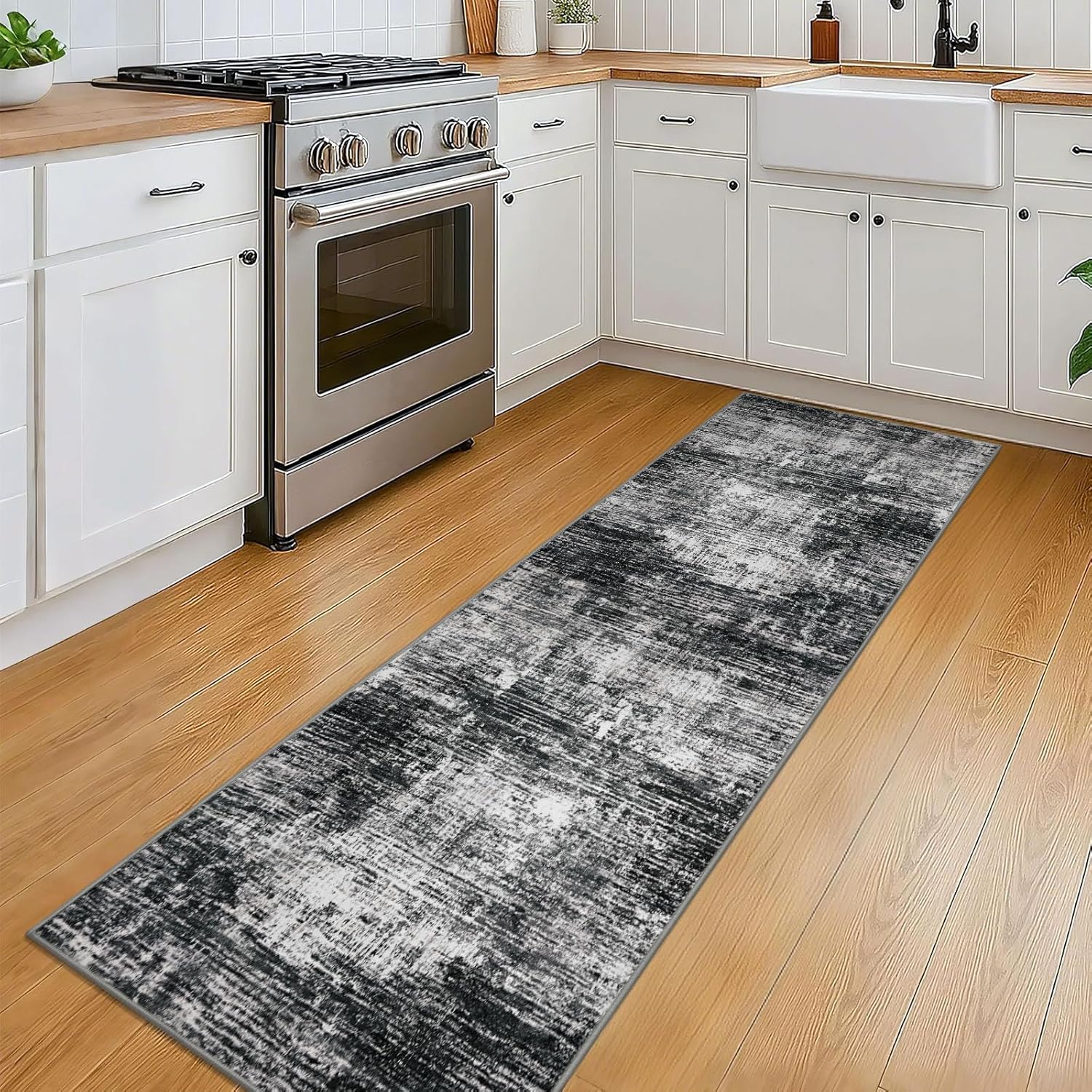 KILOCOCO Modern Abstract Runner Rug 2x6 ft Washable Hallway Runner Rug Non Slip Soft Printed Kitchen Runners for Hallways Entryway Bedside Laundry Room Floor Runners, Black/Grey