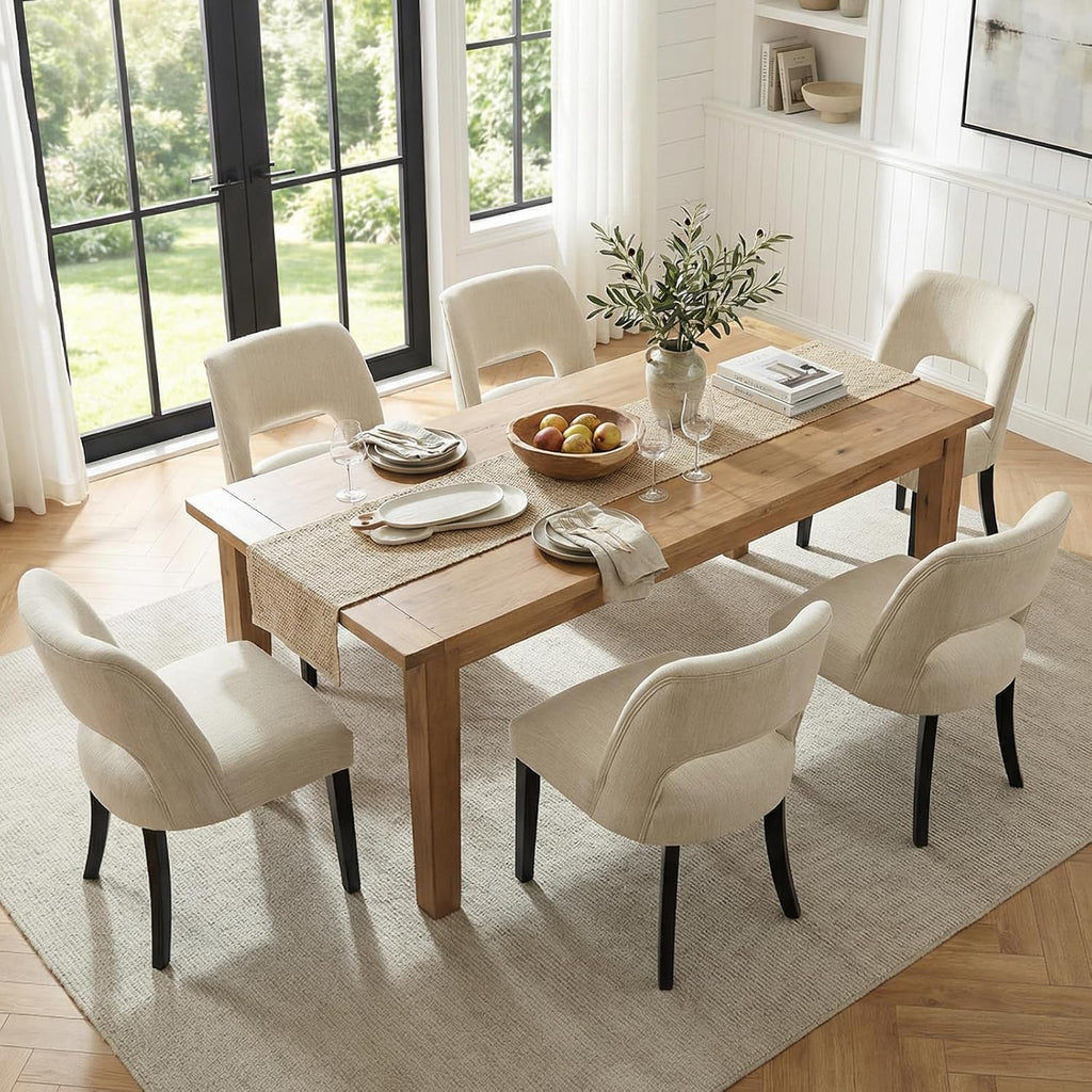 keoni Wooden Dining Chairs Set of 4, Mid Century Modern Upholstered Dining Room Chairs with Black Wood Legs, Fabric Farmhouse Kitchen Chairs with Foot Pegs for Dining Room, Beige